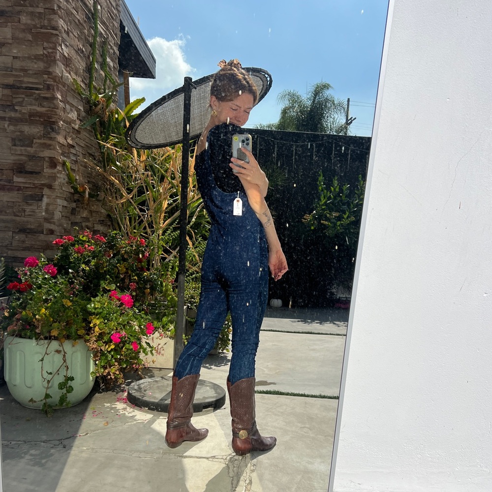Faded Dark Wash Blue Lightweight Tie Strap Jumpsuit - Picture 10 of 11
